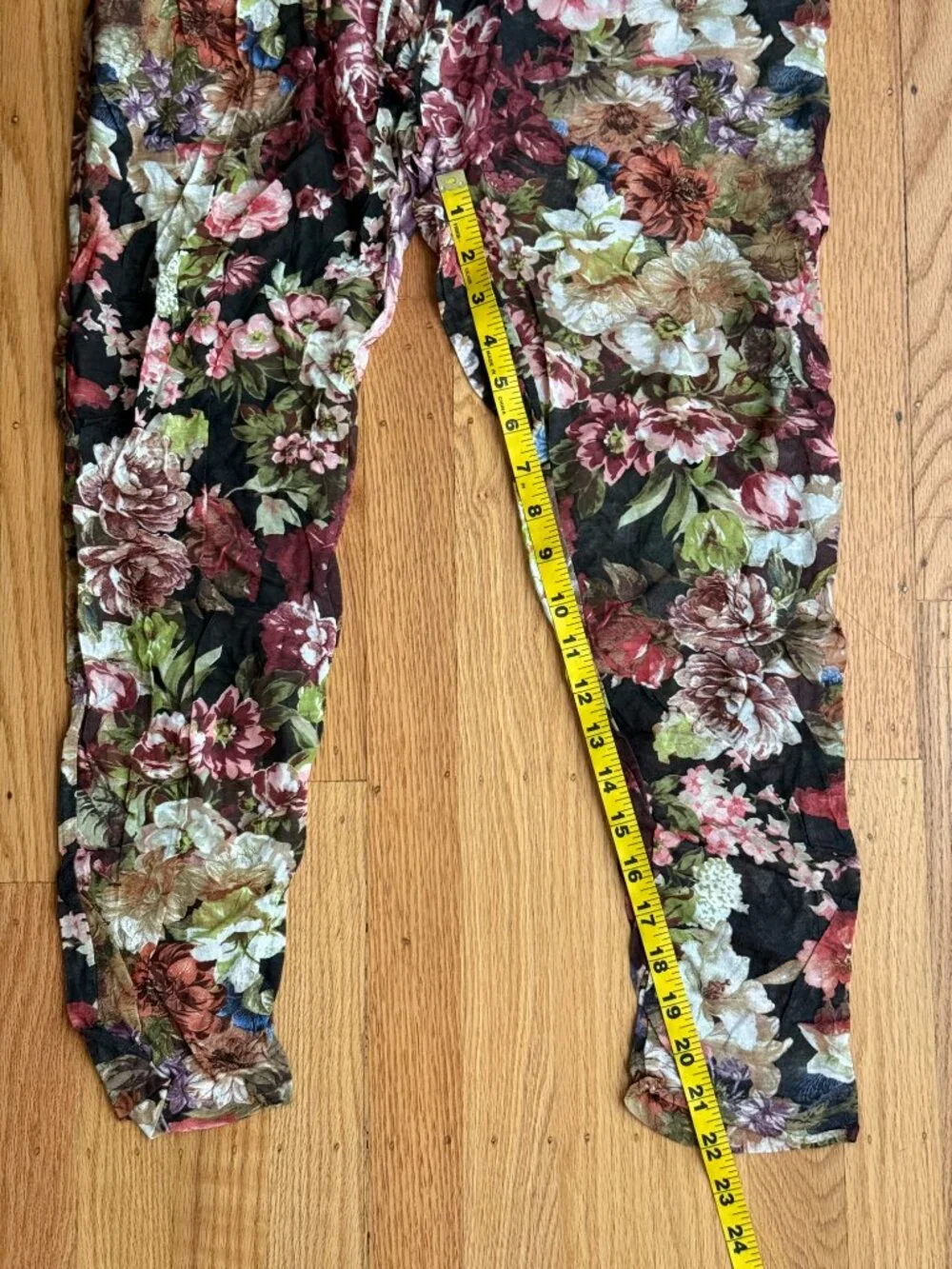 Mango Floral Linen-Style Translucent Tapered Trousers with Plaid Waistband Small